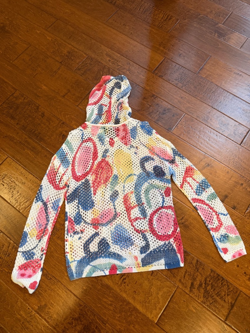 CHARLIE B Hooded Mesh Sweater in Multicolor Abstract Print - Picture 3 of 3
